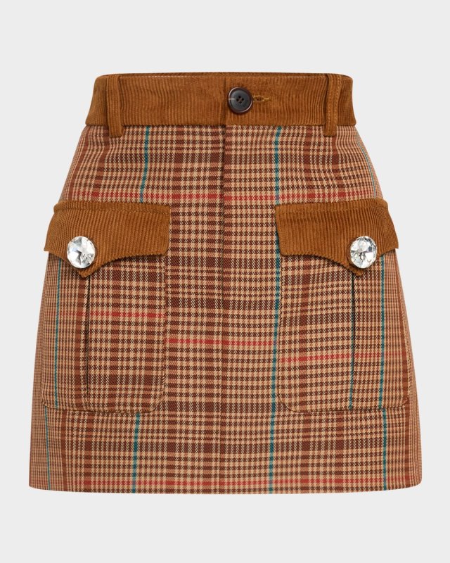 Crystal-Button Check Mini Skirt